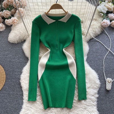 Đầm len cổ polo kéo khóa cổ, váy len dáng ôm