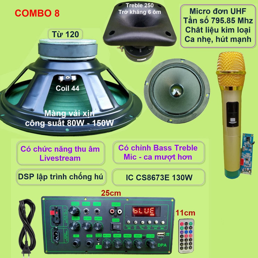 Mạch loa kéo 3 tấc đơn CS8673E 130W, thu âm LIVESTREAM, DSP lập trình chống hú có chỉnh Bass Treble