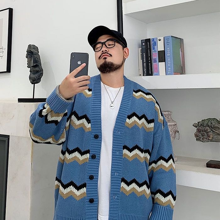 [Plus Size] Áo Khoác Cardigan Dáng Rộng Màu Xanh Dương Đen Thời Trang Thường Ngày Chất Lượng Cao Cỡ Lớn Cho Nam