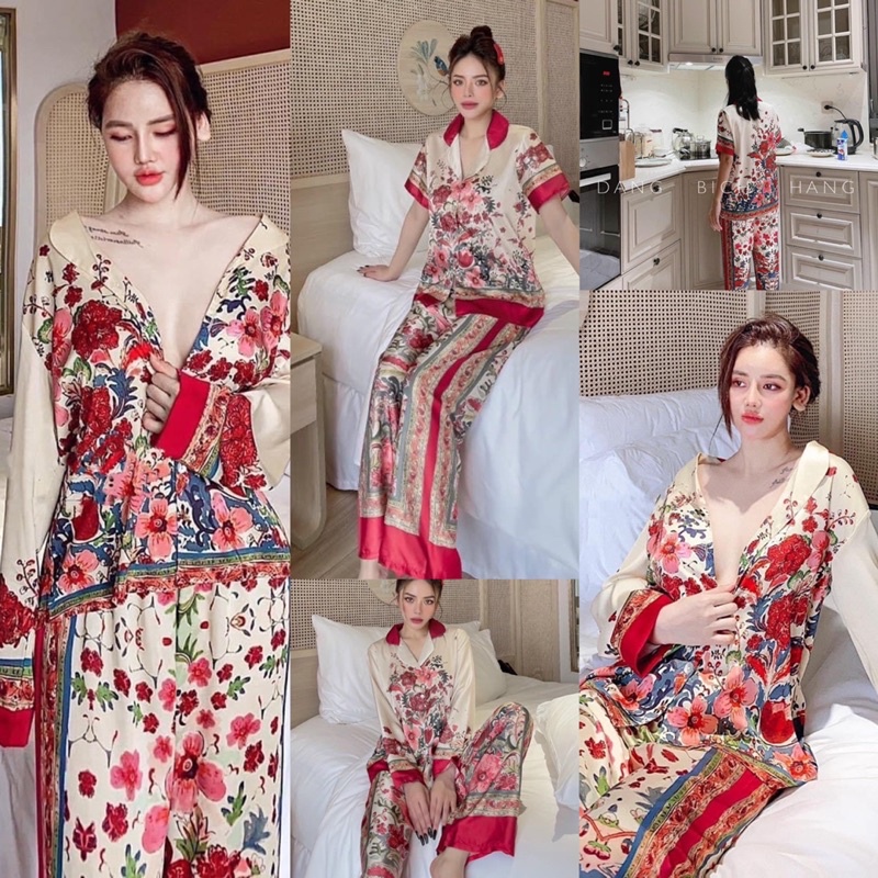 Đồ bộ pijama mặc nhà LỤA LATIN cao cấp hoa nhí đỏ tay ngắn quần dài - tay dài quần dài