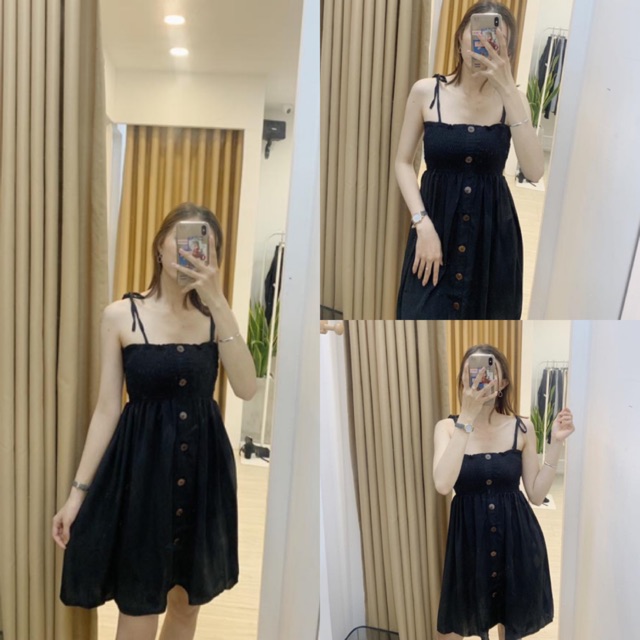 Đầm Xinh Hai Dây màu đen có bo chun co giãn quanh ngực