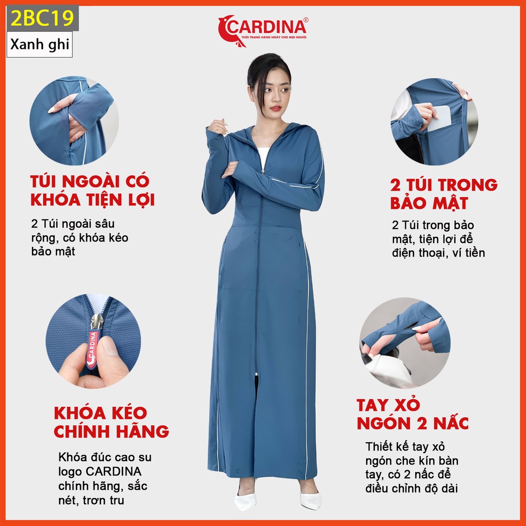 Áo chống nắng nữ CARDINA 2 lớp dáng dài liền thân chất thun lạnh Nhật cao cấp viền thể thao chống tia UV 2BC