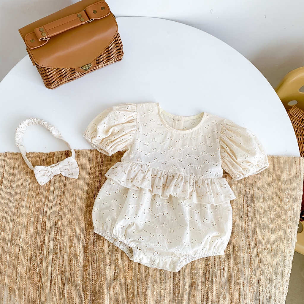 Bộ Áo Liền Quần + Băng Đô Nơ Tay Ngắn Dễ Thương Thời Trang Mùa Hè Cho Bé Gái