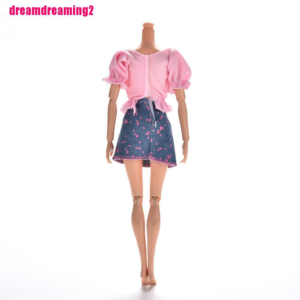 Bộ 2 Áo Thun Màu Hồng + chân váy jean Cho Búp Bê Barbie