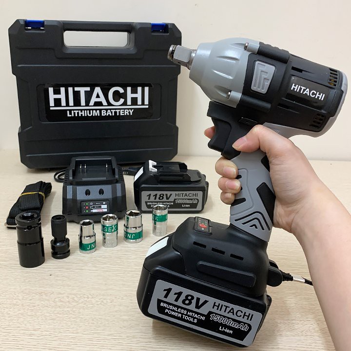 Máy siết bulong dùng pin Hitachi 118V 450NM - Pin khủng 10 Cell – Không Chổi Than - Kèm theo 2 pin - Tặng 5 đầu khẩu