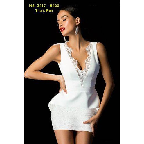 Đầm Ôm Body Peplum Phối Ren Cổ Chữ V Sexy