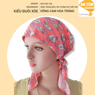 Nón hóa tri vải mềm mát, hút mồ hôi, bệnh nhân ung thư, chemo hat, nón trùm đầu [KIỂU ĐUÔI XÒE-MÀU HỒNG CAM HOA TRẮNG]
