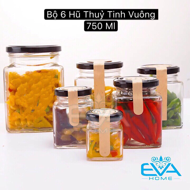 Bộ 6 Hũ Thủy Tinh Vuông Nắp Vặn Dung Tích 750 ML