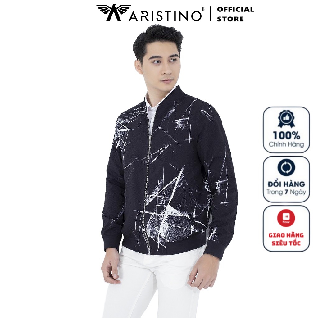 Áo khoác gió nam 2 lớp Aristino AJK024W1 Jacket Regular fit suông vừa bo tay bo gấu khỏe khoắn màu Đen in màu ấn tượng