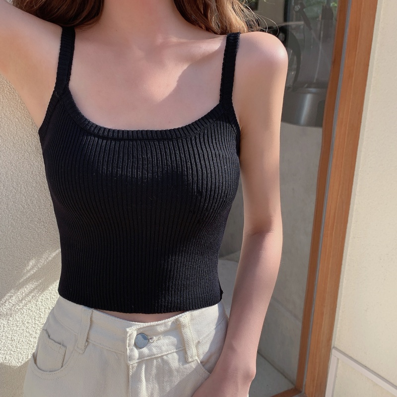 Áo Hai Dây Dệt Kim Màu Trơn Dáng Rộng Gợi Cảm Cho Nữ