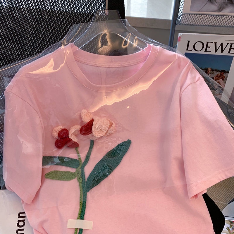 Áo Thun Nữ Tay Ngắn In Hình Hoa tulip Hồng Thời Trang Hàn Quốc