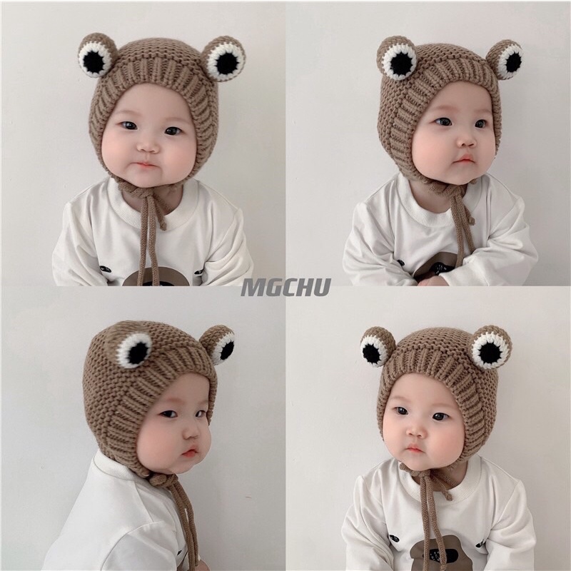 Mũ nón len hình chú ếch cho bé có lót nỉ ấm áp