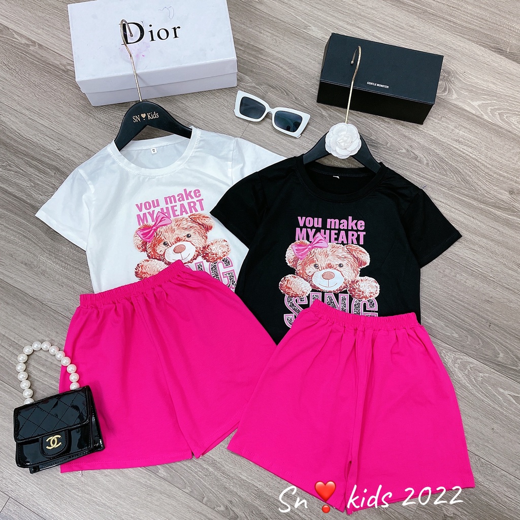 [XẢ HÀNG] Bộ cộc tay bé gái, cặp bộ in 3D gấu You Make My Heart chất cotton quần rộng cho bé 8-35kg