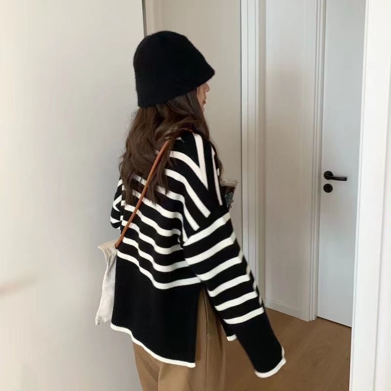 Áo sweater tay dài dáng rộng họa tiết kẻ sọc thời trang dành cho nữ