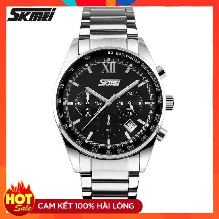 Đồng hồ nam SKMEI chạy 6 kim có lịch mặt tròn 41mm dây thép không ghỉ mặt kính chống xước, chống nước tuyệt đối 9096