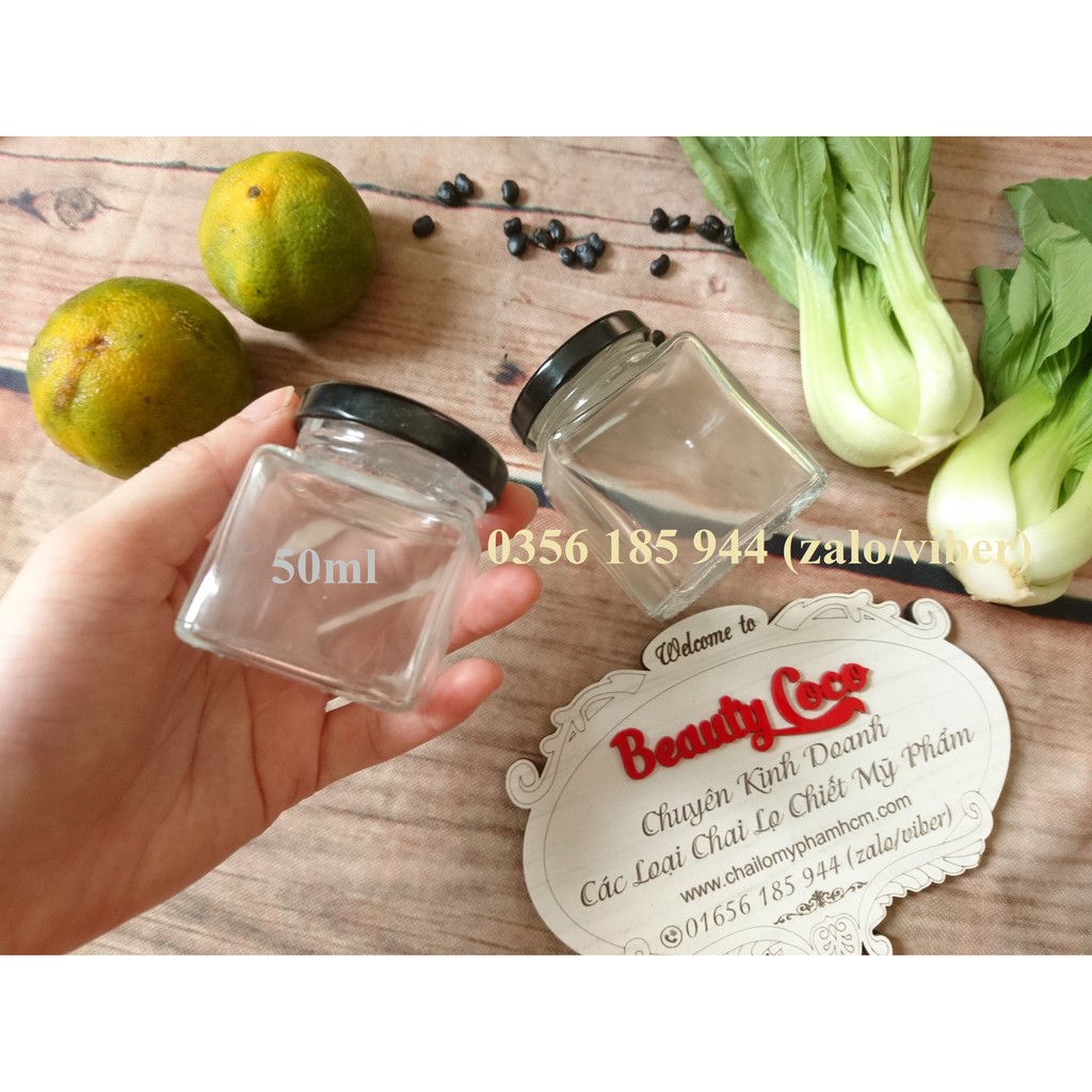 Hũ thủy tinh vuông nắp đen đựng thực phẩm 50ml | BigBuy360 - bigbuy360.vn