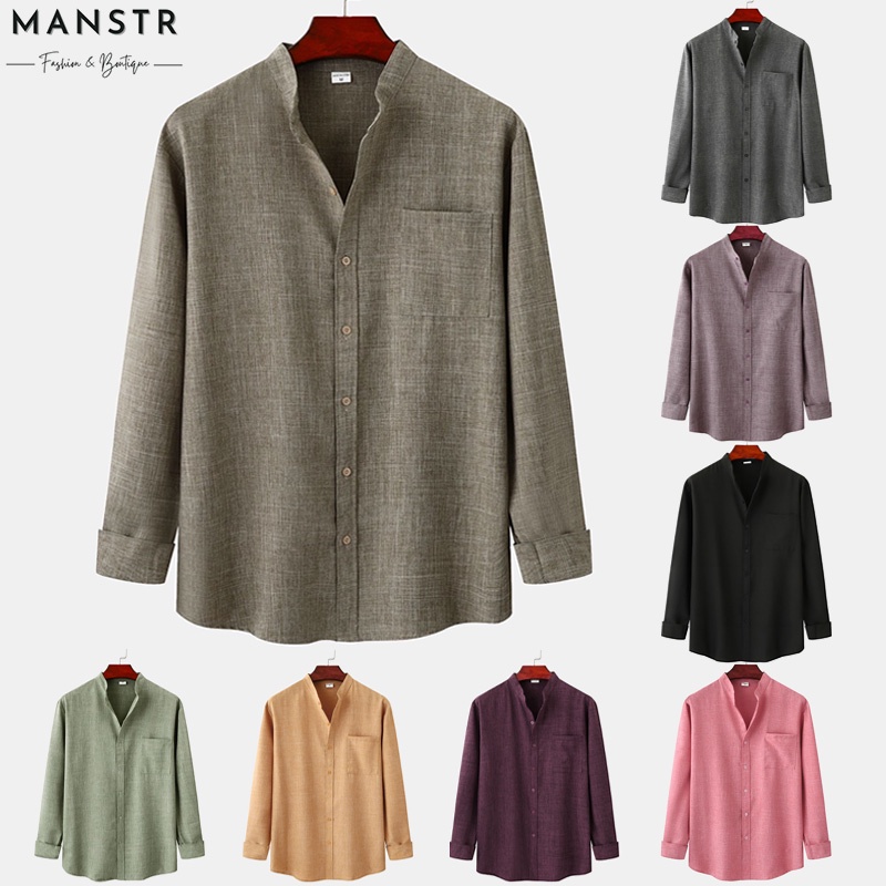 Áo Sơ Mi Trơn Cổ Đứng Tay Dài Bằng Cotton Lanh Chất Lượng Cao Có Túi Màu Đỏ / Rượu / Đen / Nâu / Kaki / Xanh Lá Đậm Cho Nam