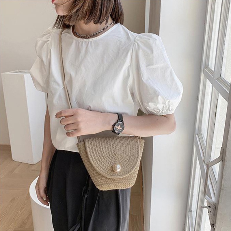 Túi cói IELGY chất liệu rơm dệt đính ngọc trai thời trang dành cho nữ