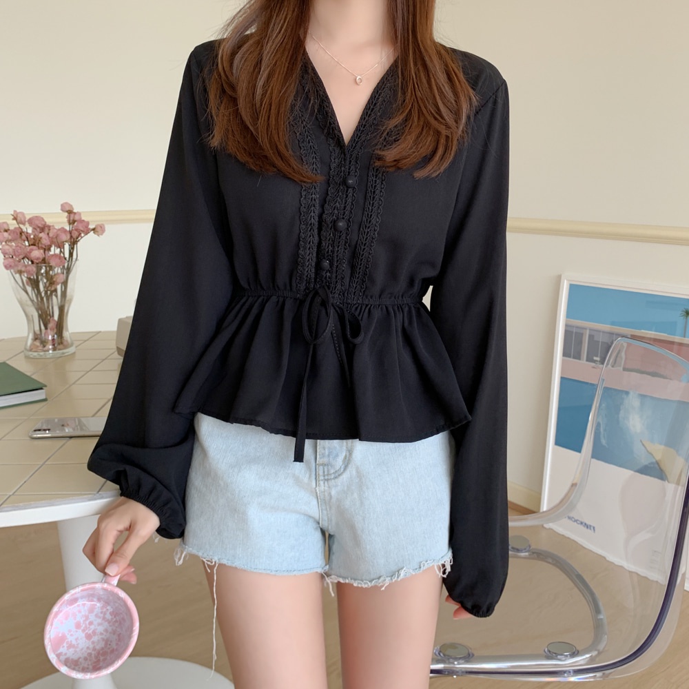 Áo Kiểu Nữ Tay Dài Cổ Chữ V Thời Trang Hàn Quốc