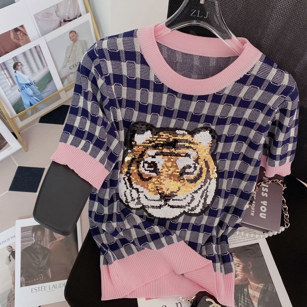 AMOI Áo Thun Tay Ngắn Họa Tiết Sọc Caro Đính Kim Sa Xinh Xắn Cho Nữ