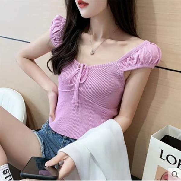 Áo Thun Dệt Kim Ngắn Tay Cổ Chữ V Thắt Dây Thời Trang