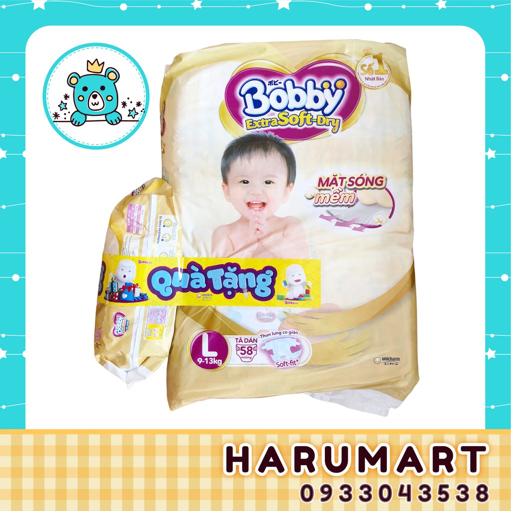 [Mã MKBC245 giảm 8% đơn 400K] [Tặng 6 miếng] Tã dán cao cấp Bobby Extra Soft Dry S74/M64/L58/XL52 (vàng)