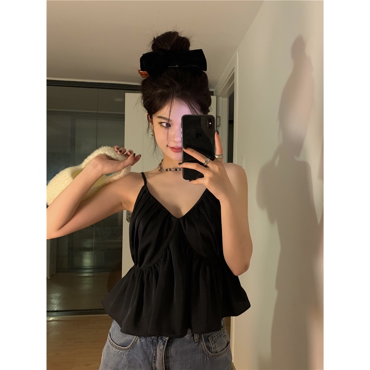 Áo Hai Dây Cổ Chữ V Dáng Rộng Xếp Ly Quyến Rũ Dễ Phối Đồ Phong Cách Hàn Quốc