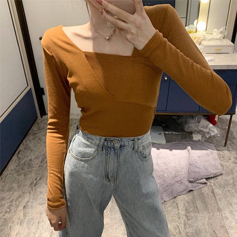 Áo Thun Tay Dài Cổ Vuông Form Ôm Màu Xám Phong Cách Retro Hong Kong Mới 2019 Cho Nữ | BigBuy360 - bigbuy360.vn