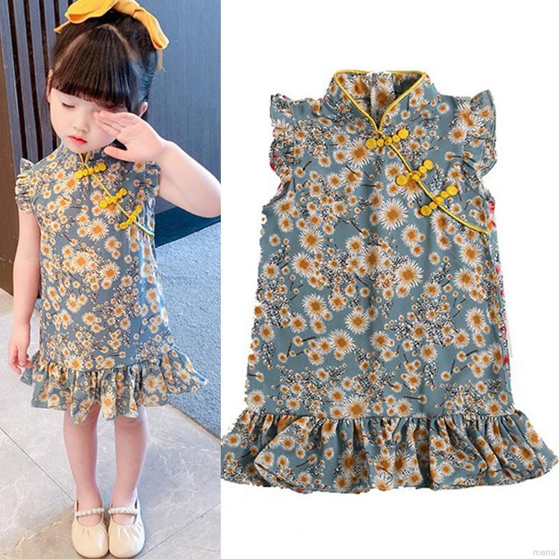 Đầm Sườn Xám In Hoa Kiểu Trung Hoa Thời Trang Mùa Hè Cho Bé Gái