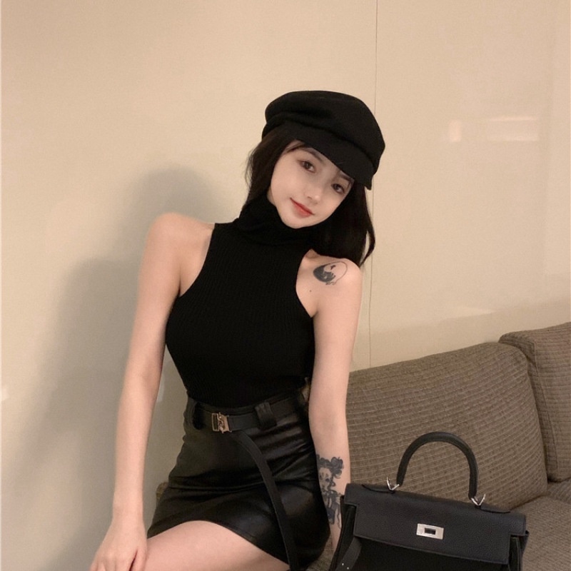 Áo Dệt Kim Sát Nách Cổ Lọ Màu Trơn Thời Trang Cho Nữ