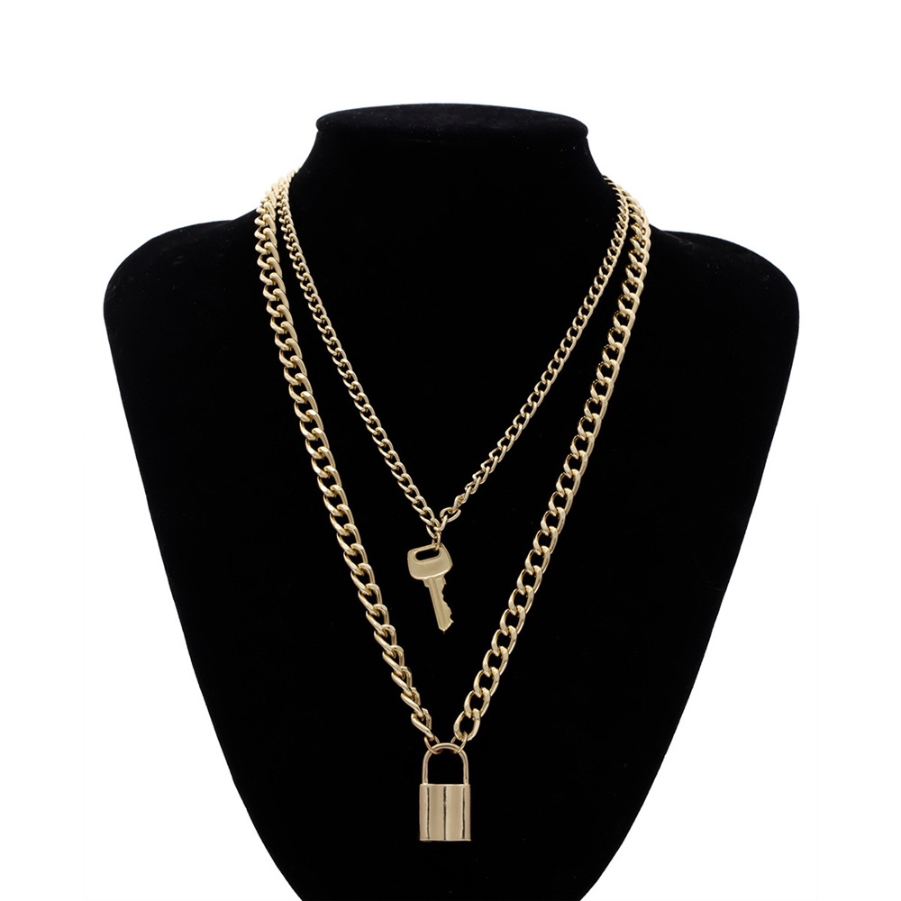 fashion woman retro Charm Double Layer Personality Key Lock Pendant Chain Necklace Accessories