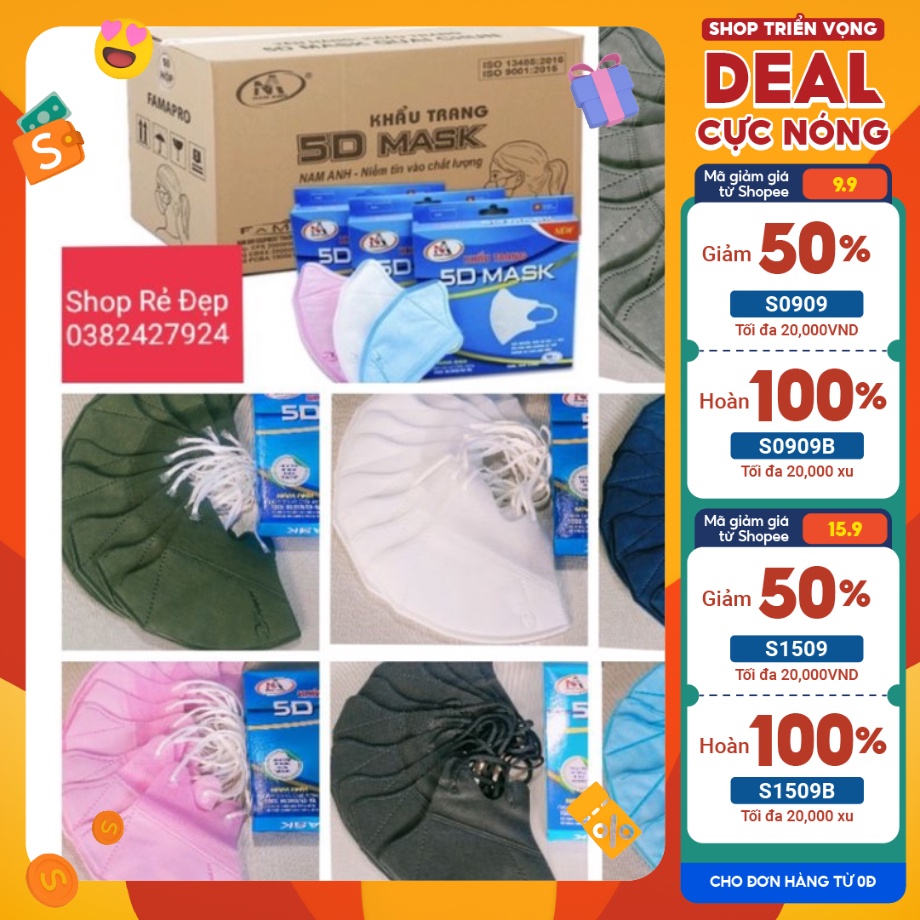 combo 5 hộp khẩu trang y tế 5D quai thun. mỗi hộp 10 cái. có đủ màu được phối màu. hãng Nam Anh famapro
