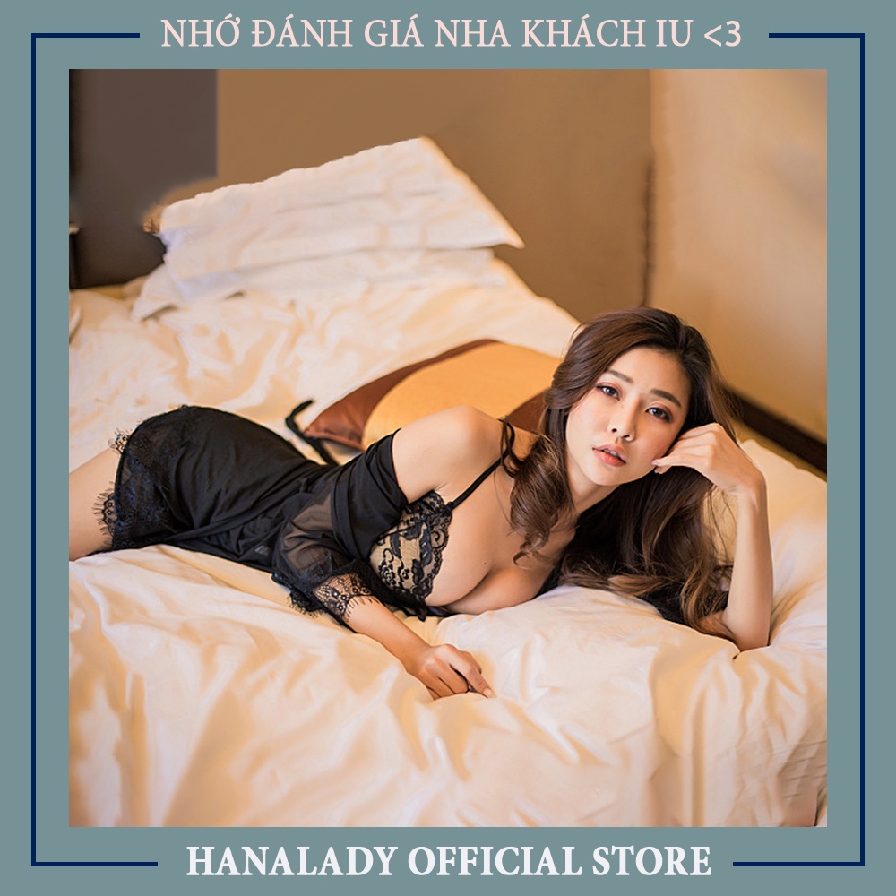 Váy ngủ xuyên thấu sexy kèm chíp lọt khe choàng xuyên thấu đầm ngủ quyến rũ gợi cảm màu đen HanaLadyStore V017