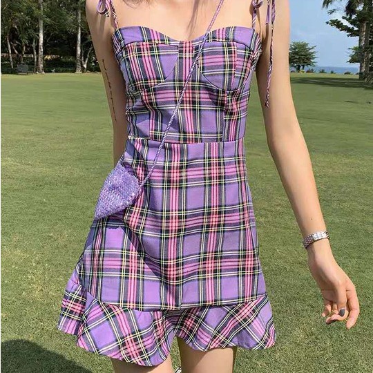 Retro purple plaid suspender skirt women  summer slim temperament halter fishtail dress