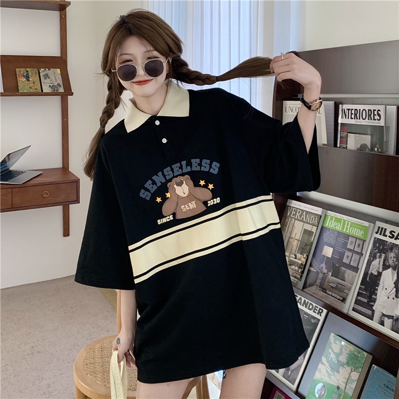 Áo polo Ngắn Tay Dáng Rộng In Hoạt Hình Gấu Kiểu Retro Cá Tính Cho Nữ