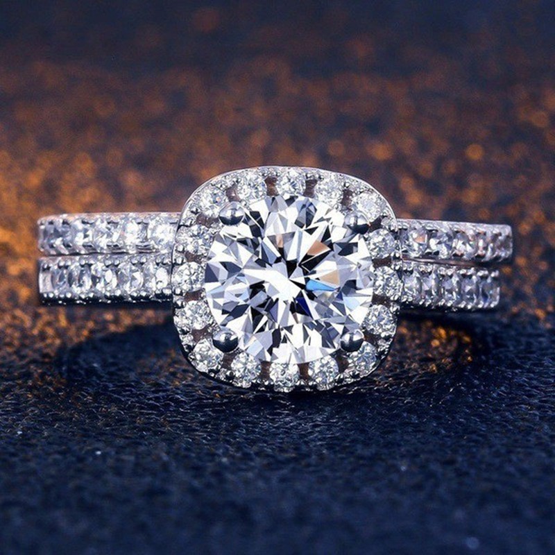2 cái / Bộ Nhẫn vàng trắng thời trang cho nữ nhẫn đính hôn kim cương đá quý trắng tự nhiên
