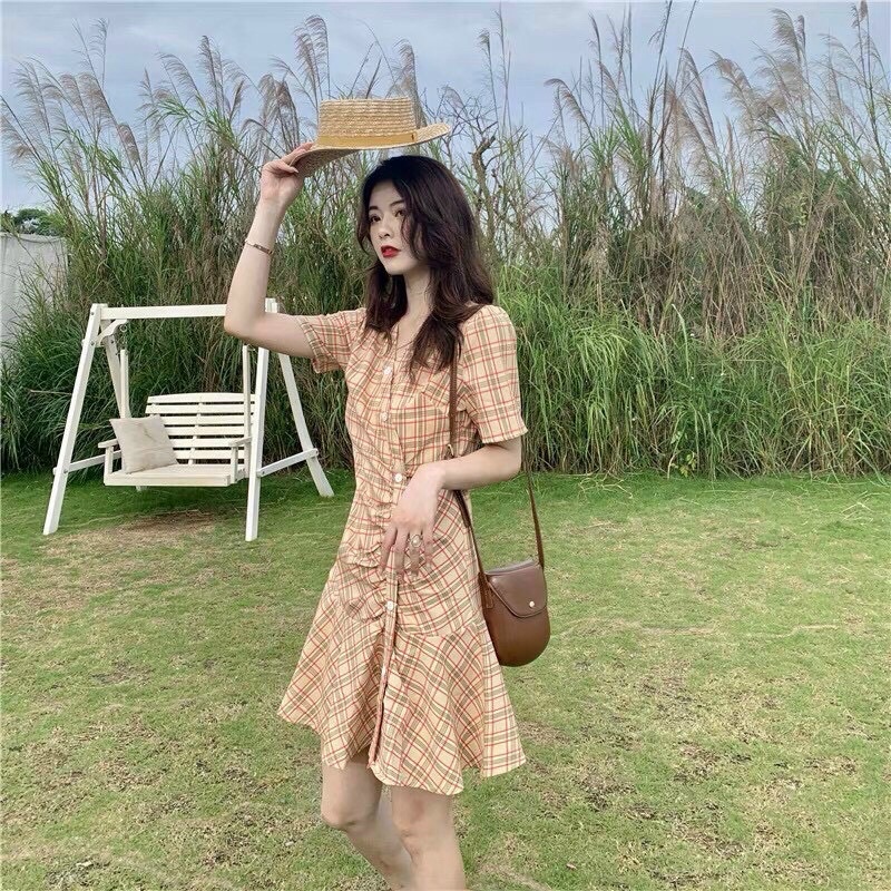 Đầm nữ caro vintage, đầm nữ cổ chéo đính nút, đầm nữ mặc đi chơi, đầm tiểu thư caro nữ dễ thương