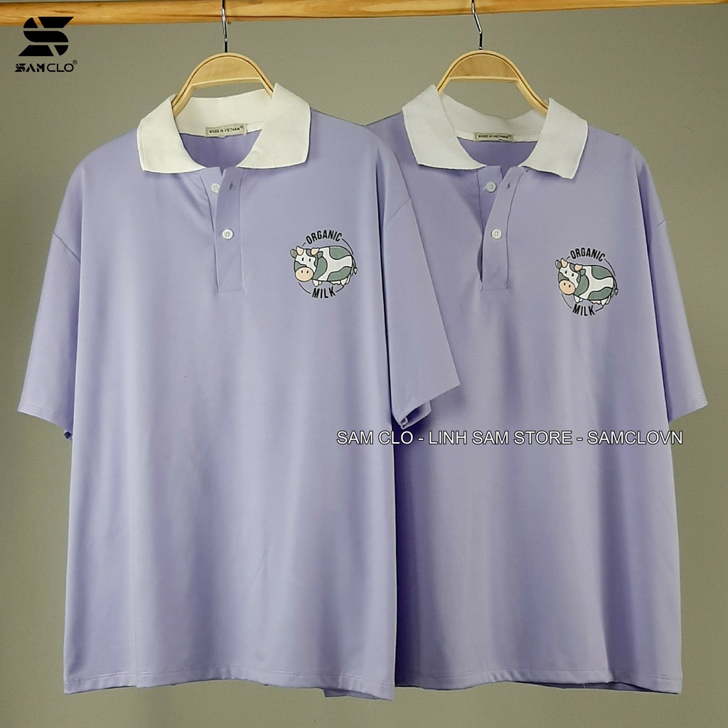 Áo thun Polo tay lỡ form rộng nữ SAM CLO phông freesize unisex mặc đi học, nhóm, lớp in hình BÒ SỮA