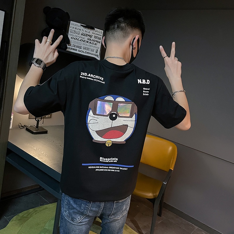 Áo Thun Cotton Ngắn Tay Dáng Rộng In Hình Mèo Doraemon Cá Tính Kiểu Hàn Quốc Cho Nam