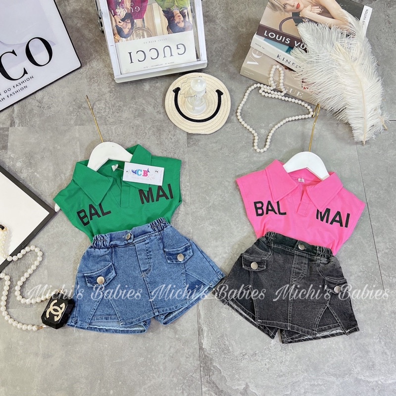 Set áo cổ tàu, quần jean giả váy siêu sang chảnh cho bé (HV3)