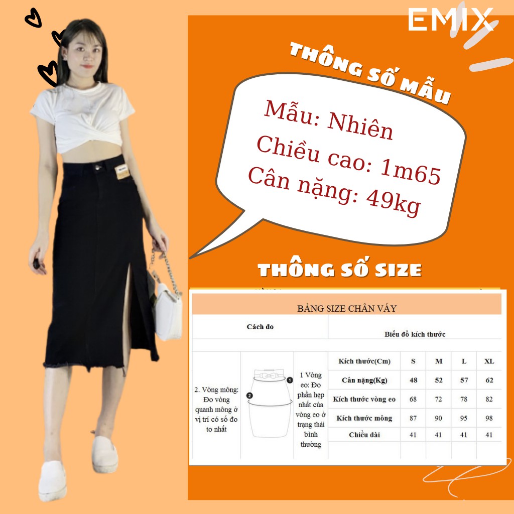 Chân váy jean xẻ chân EMIX (màu đen), dáng dài, 1 lớp, cạp cao, dài 78cm, chất jean mềm mịn đứng dáng, xẻ chân cuốn hút