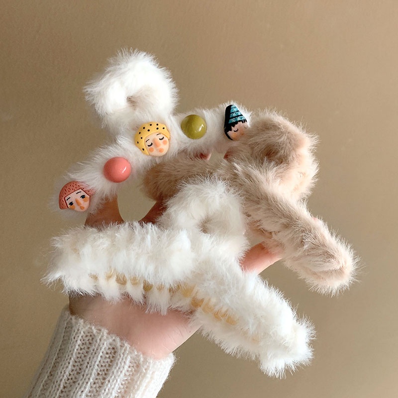 Kẹp tóc hình cá mập phối lông cỡ lớn phong cách Hàn Quốc cho nữ