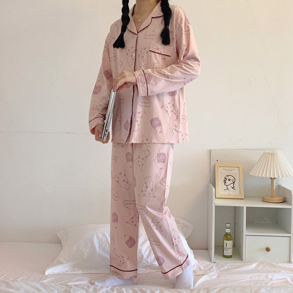 Bộ ngủ Pyjama Hình Bò Sữa Chất Cotton Ulzzang style🌸 Hàng Quảng Châu