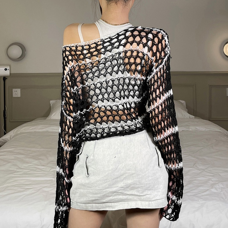 Áo Croptop Dệt Kim Dáng Rộng Phối Lưới Họa Tiết Kẻ Sọc Thời Trang Cao Cấp Cho Nữ