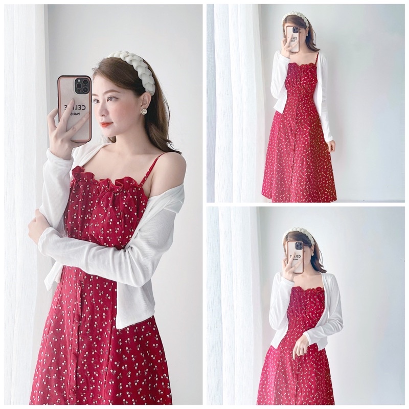 Đầm hoa nhí đỏ kèm áo khoác Cardigan | BigBuy360 - bigbuy360.vn