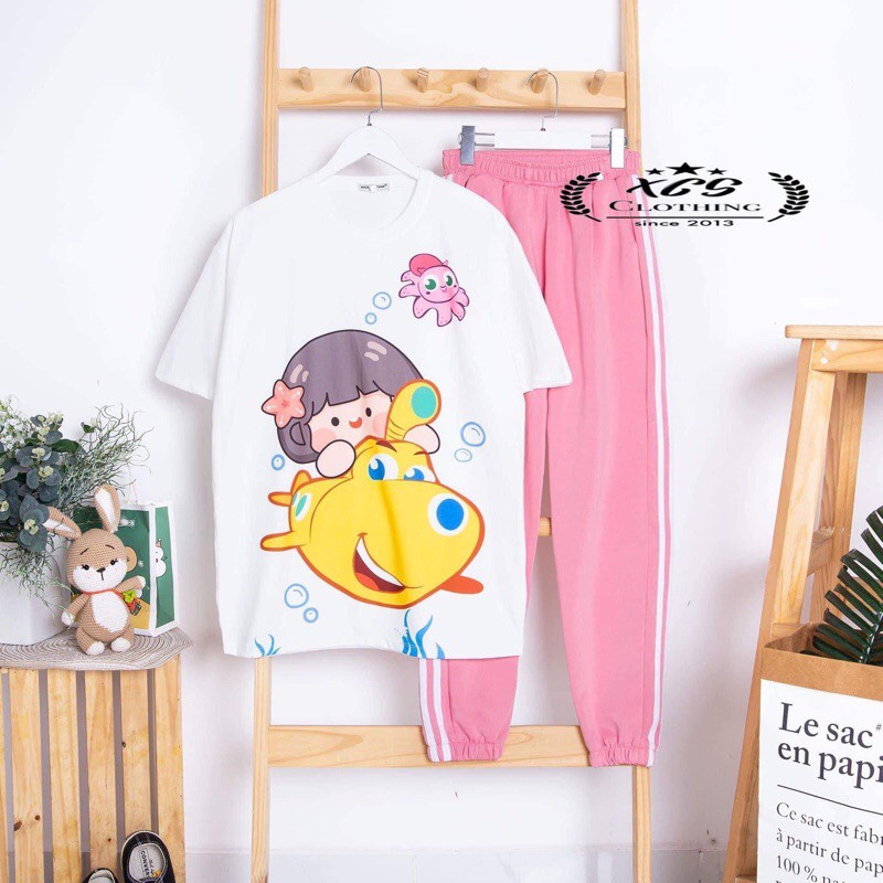 Sét áo cô gái cá +quần kẻ màu, Áo thun from rộng, Chất đẹp không xù, quần suông ống rộng, Sét bộ mặc ở nhà - MODY