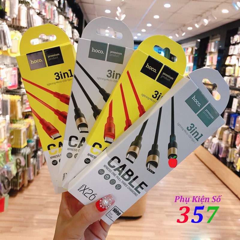 Cáp sạc dây dù 3 đầu Hoco X26 2A dài 1m - Chính Hãng BH 12T