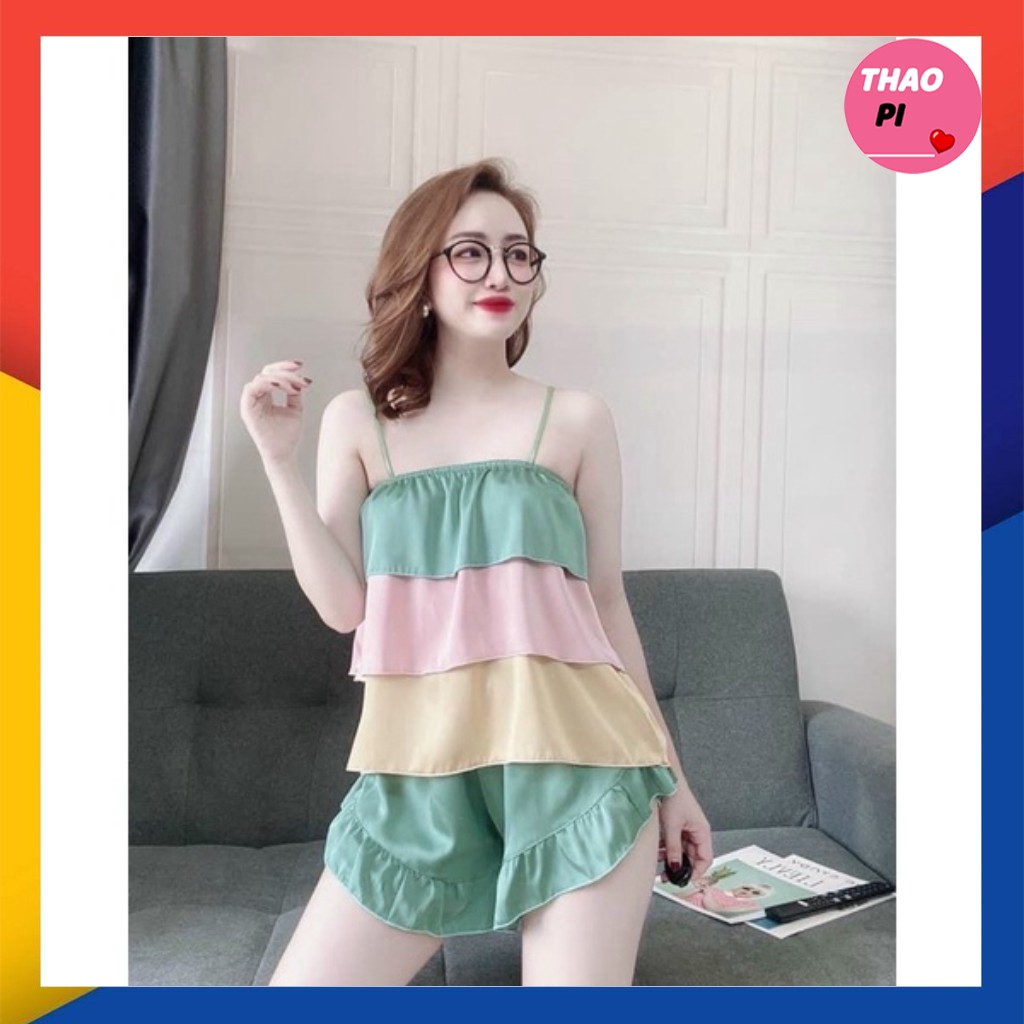 Set bộ đồ ngủ hai dây phi bóng ba tầng mặc nhà siêu dễ thương hình thật và video