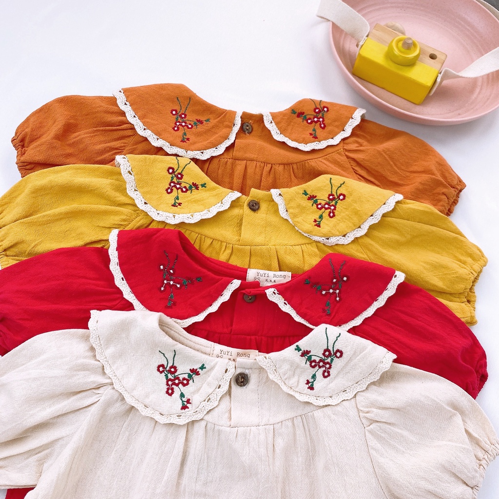 Set yếm bé gái kèm áo thêu hoa thô boil mềm phối ren cho bé 6 - 16kg MINTSCLOSET Mint's Closet - YE5030