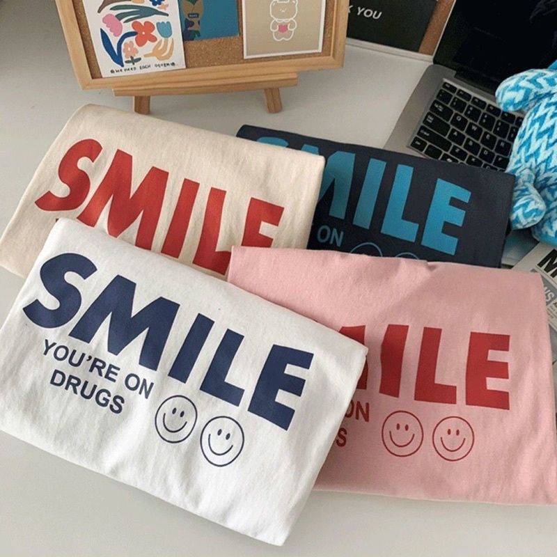 Áo thun cotton tay lỡ form rộng 35-70kg nam nữ oversize in chữ Smile